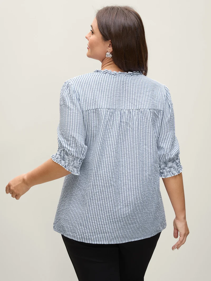 Striped Print Neck-Tie Shirred Blouse