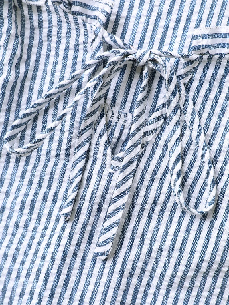Striped Print Neck-Tie Shirred Blouse