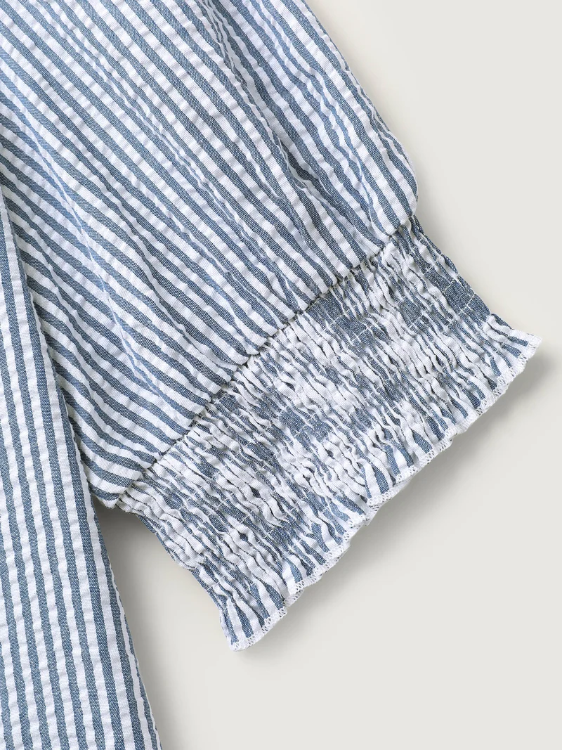 Striped Print Neck-Tie Shirred Blouse