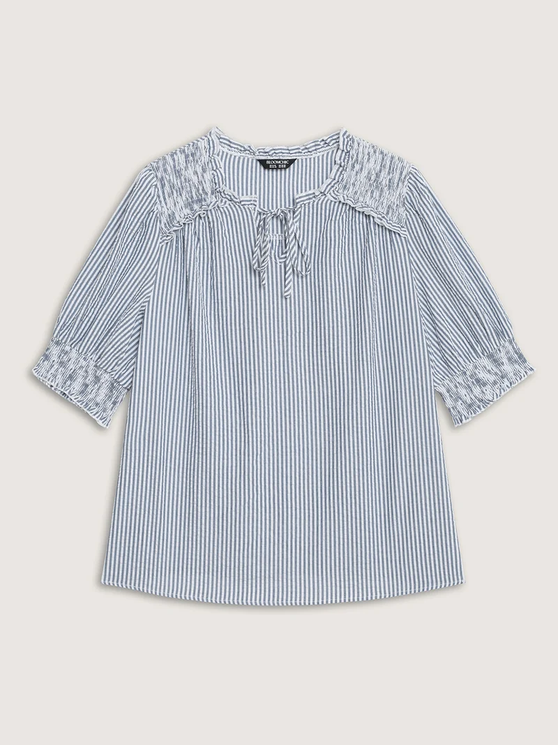 Striped Print Neck-Tie Shirred Blouse