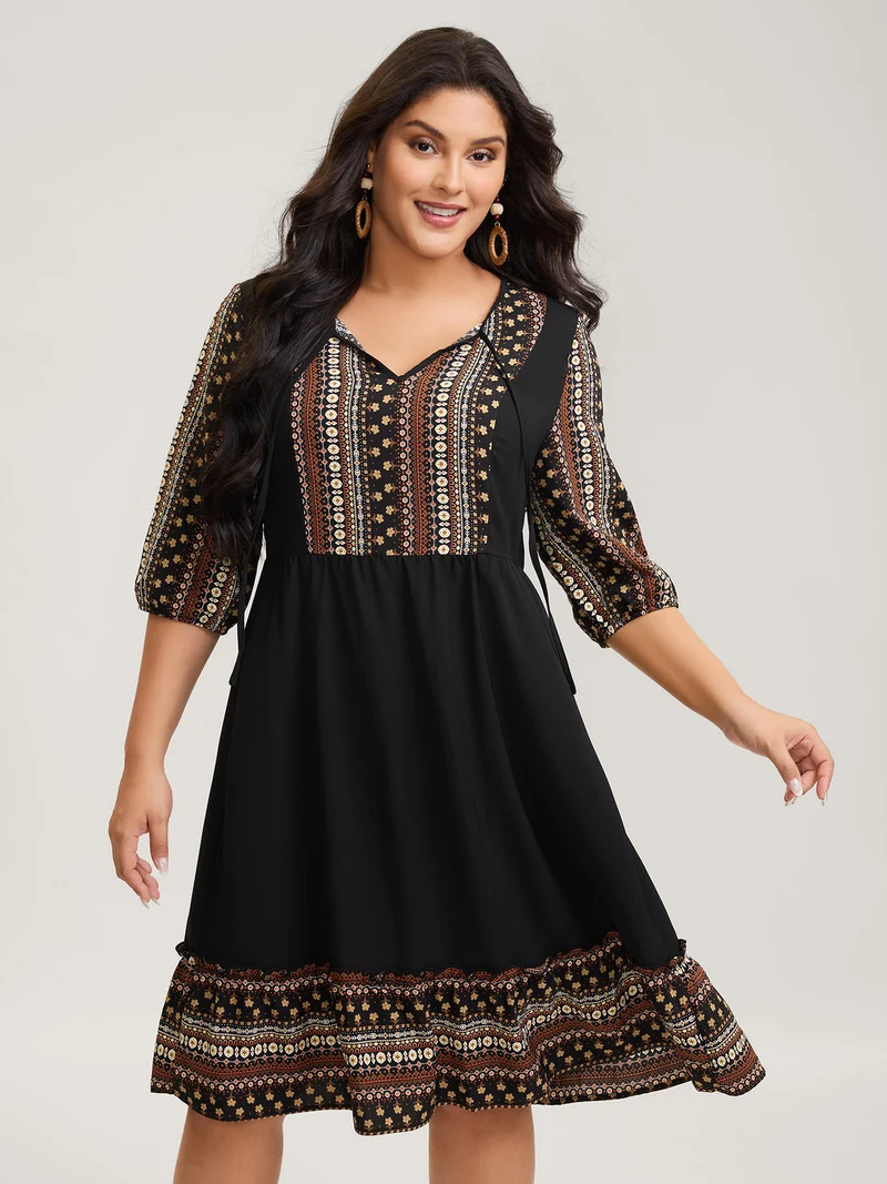 Boho Stripes Neck Tie Midi Dress