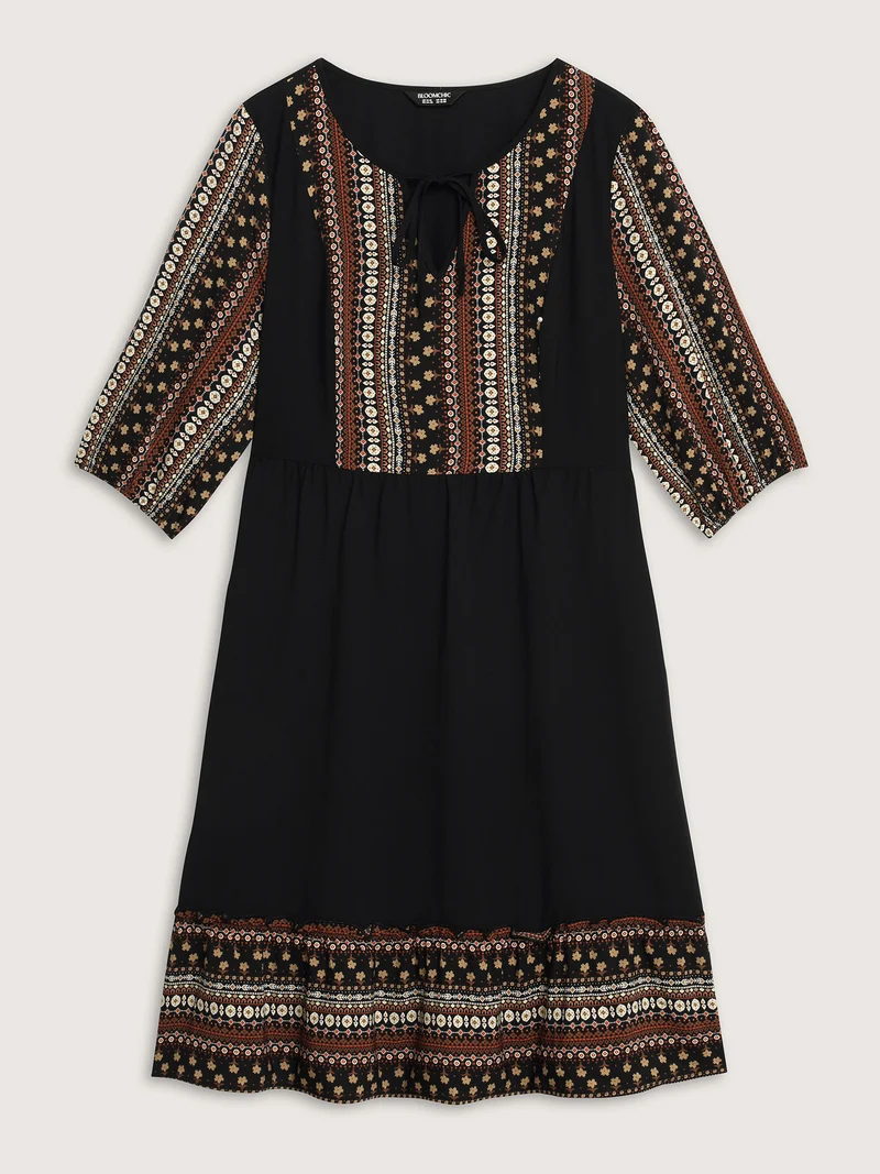 Boho Stripes Neck Tie Midi Dress