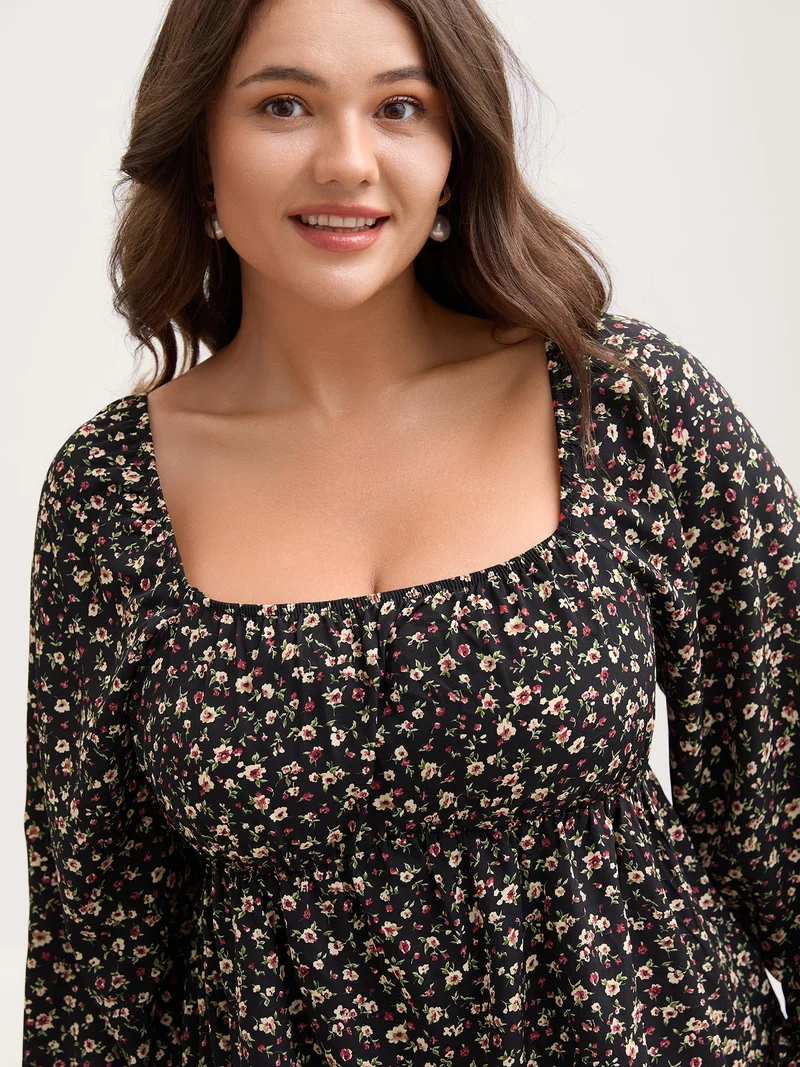 Floral Print Shirred Bodice Puff Sleeve Blouse