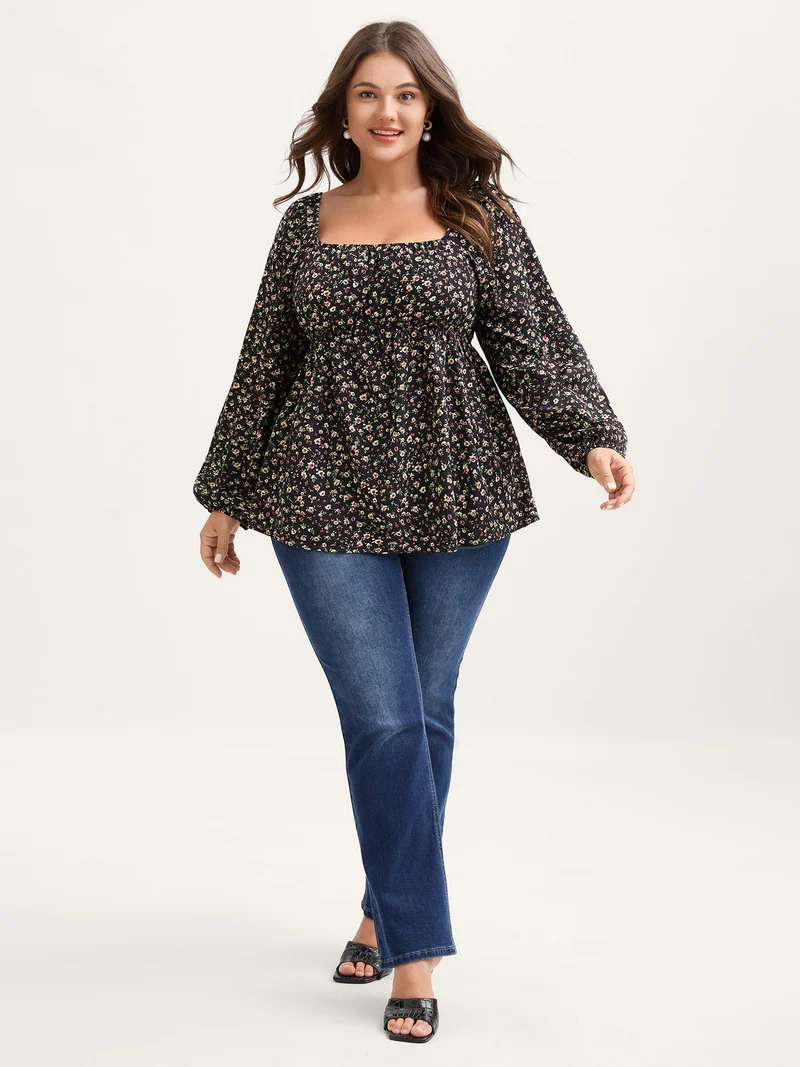 Floral Print Shirred Bodice Puff Sleeve Blouse