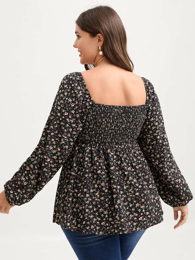 Floral Print Shirred Bodice Puff Sleeve Blouse