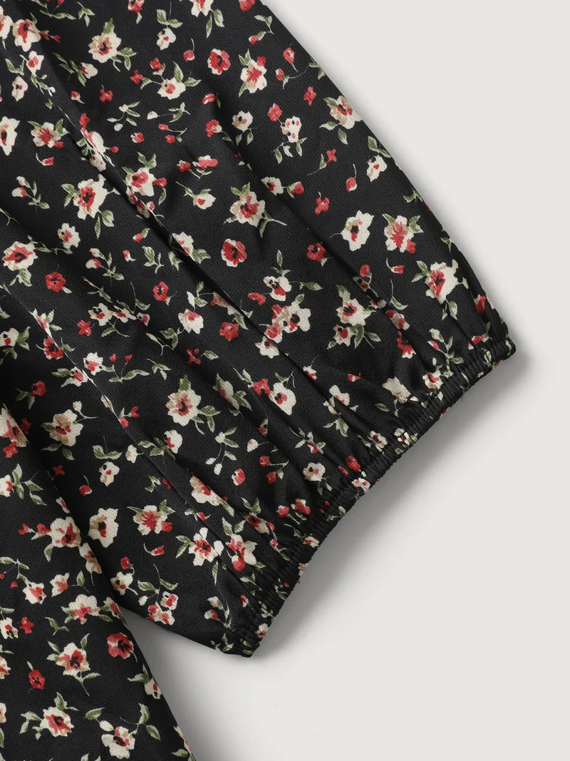 Floral Print Shirred Bodice Puff Sleeve Blouse