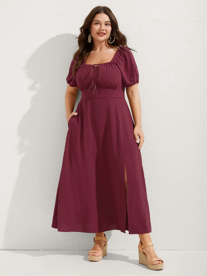 Puff Sleeve Shirred Slit Midi Dress