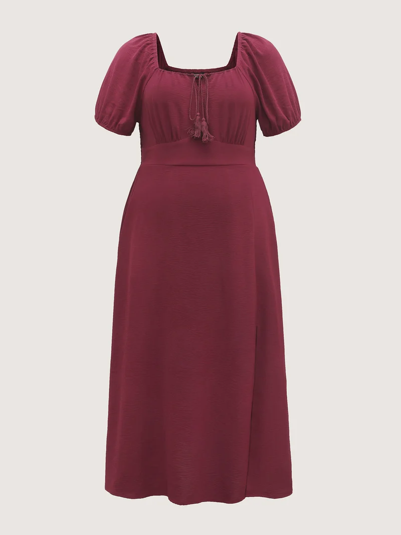 Puff Sleeve Shirred Slit Midi Dress