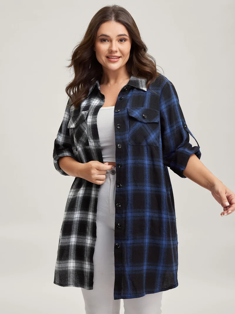 Color Block Checkered Print Button-Down Shirt