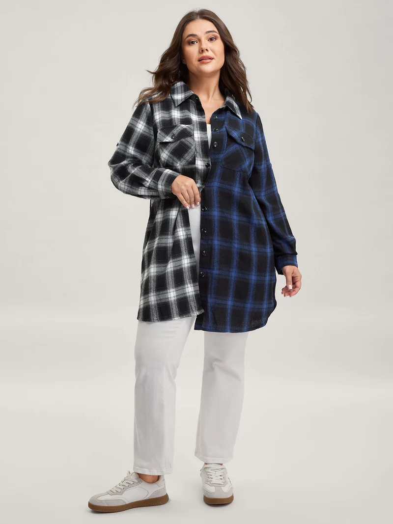 Color Block Checkered Print Button-Down Shirt