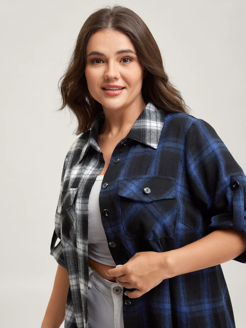Color Block Checkered Print Button-Down Shirt