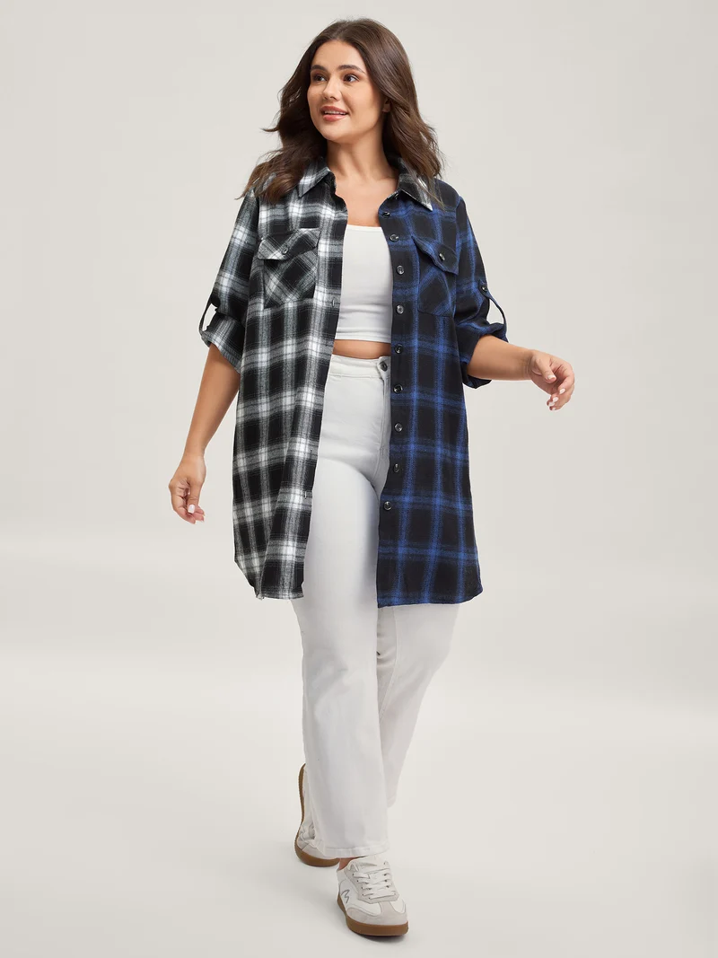 Color Block Checkered Print Button-Down Shirt