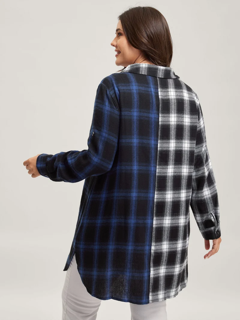 Color Block Checkered Print Button-Down Shirt