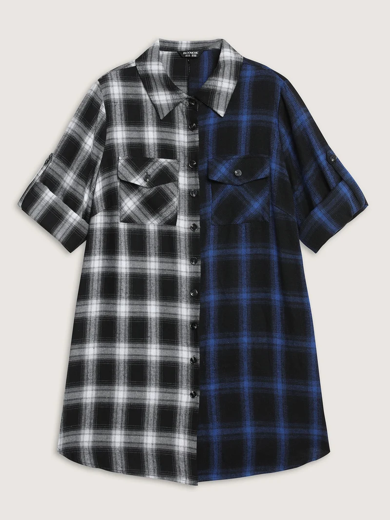 Color Block Checkered Print Button-Down Shirt