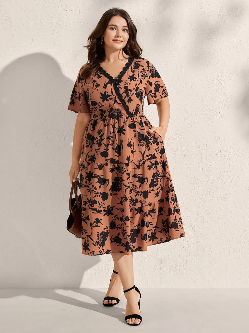 Silhouette Flower Print Contrast Surplice Midi Dress