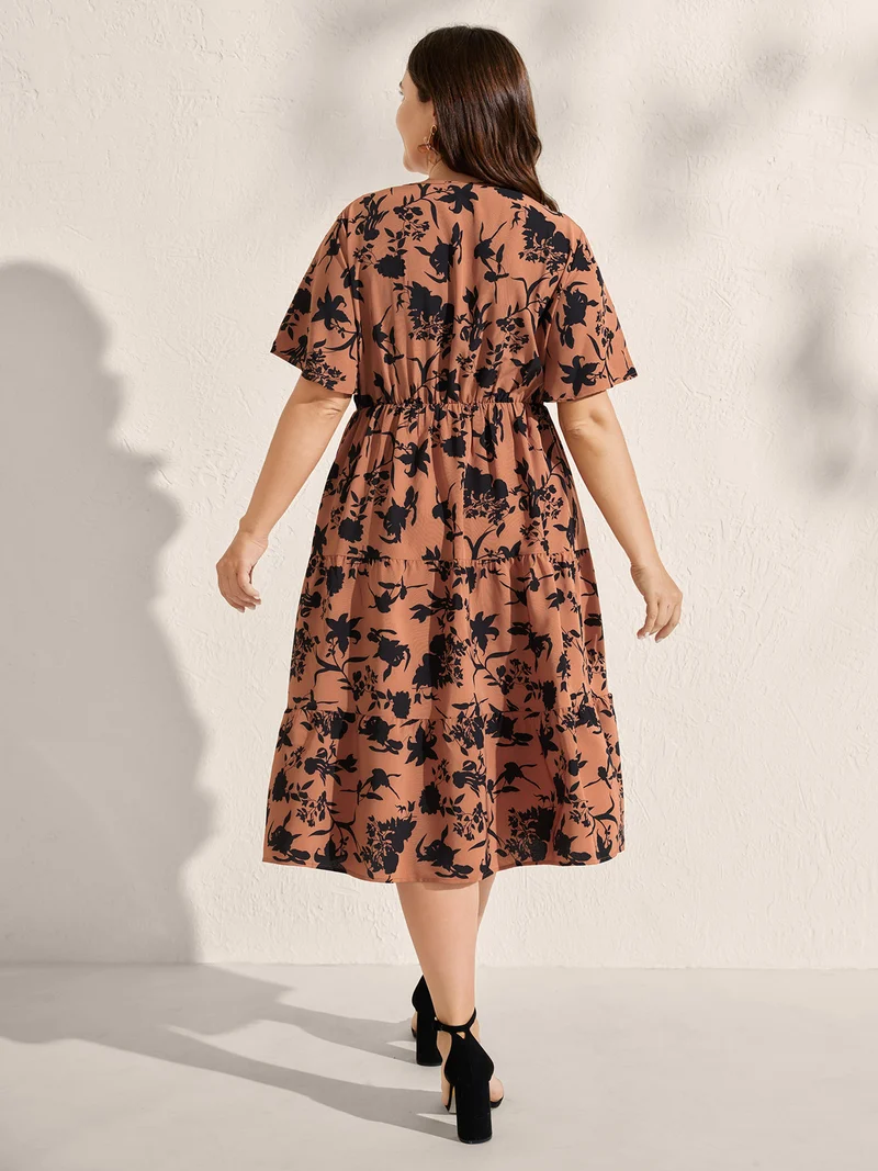 Silhouette Flower Print Contrast Surplice Midi Dress