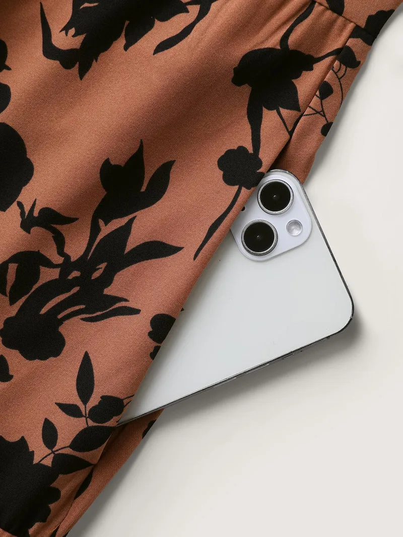 Silhouette Flower Print Contrast Surplice Midi Dress