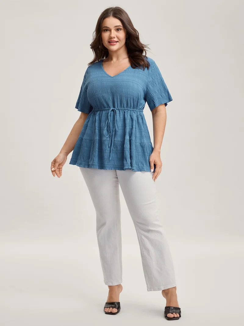 Textured Waist-Cinching Tiered Blouse