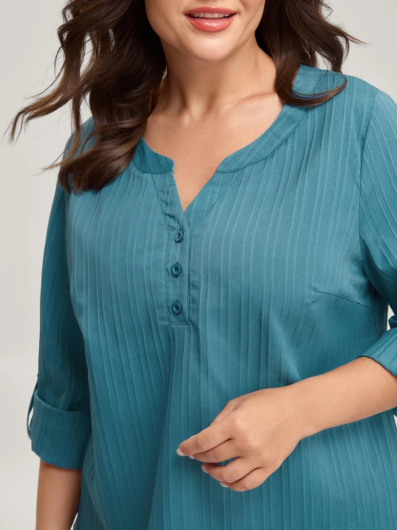 Textured Pleated Back Split Neck Blouse