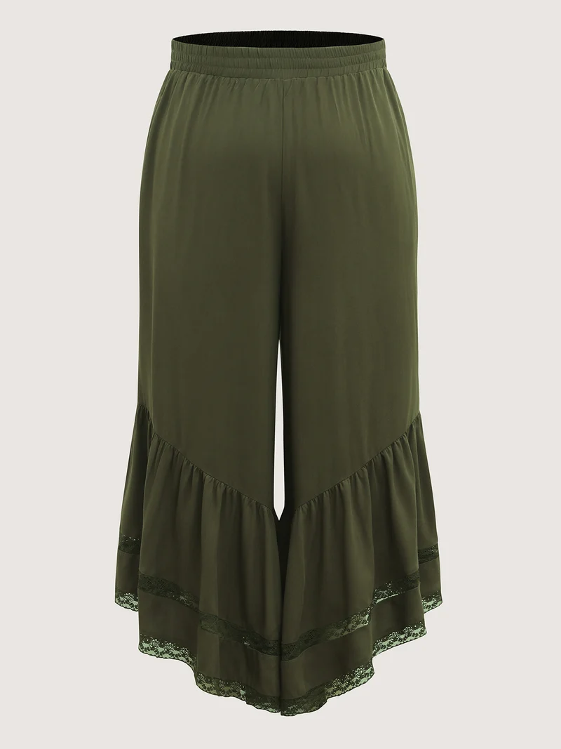 Ruffled Lace Hem Wide-Leg Pants