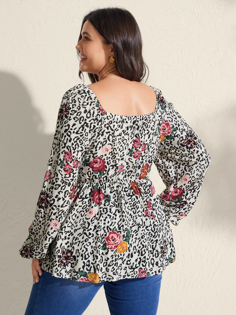 Leopard Floral Print Shirred Blouse