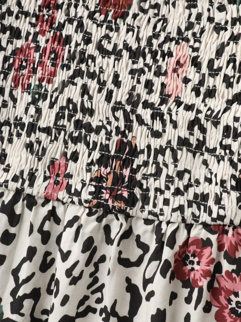 Leopard Floral Print Shirred Blouse
