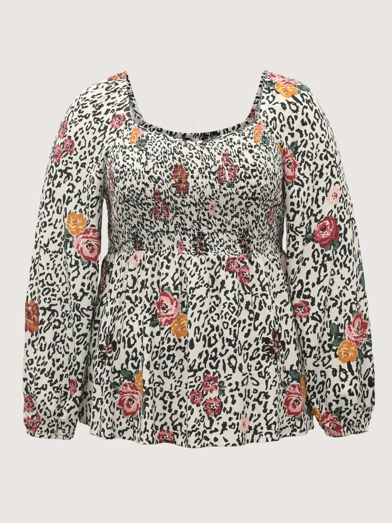 Leopard Floral Print Shirred Blouse