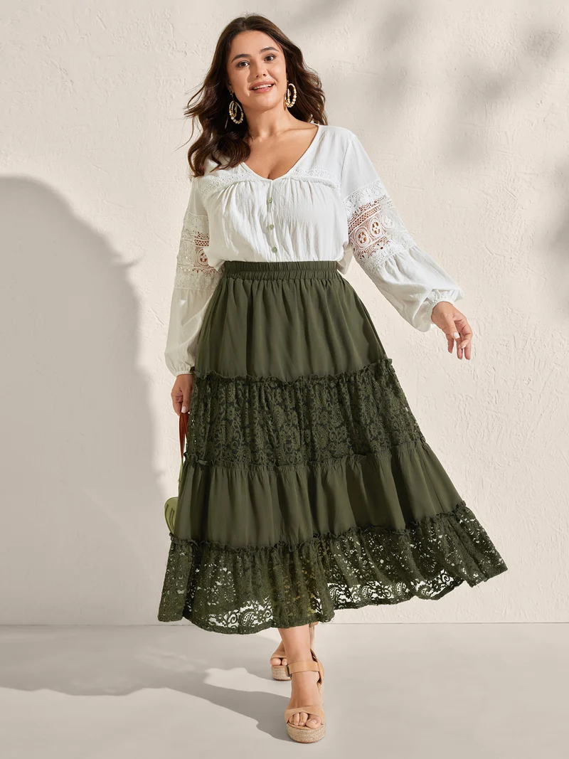Lace Trim Flowy Tiered Maxi Skirt