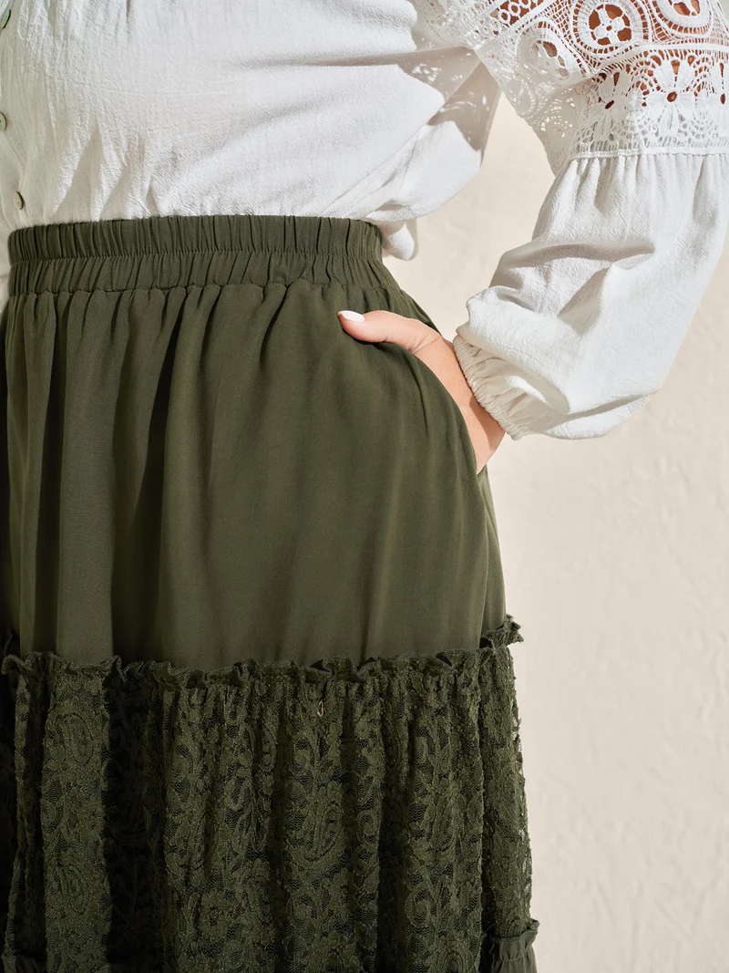Lace Trim Flowy Tiered Maxi Skirt