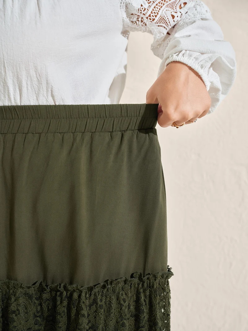 Lace Trim Flowy Tiered Maxi Skirt