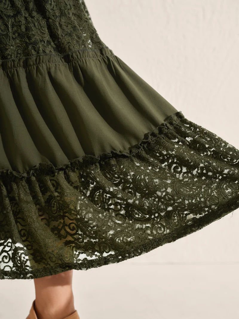 Lace Trim Flowy Tiered Maxi Skirt