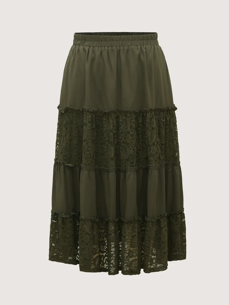 Lace Trim Flowy Tiered Maxi Skirt