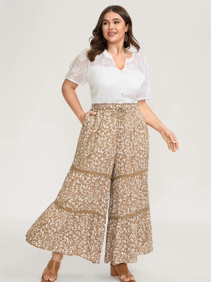 Floral Print Lace Trim Wide-Leg Pants