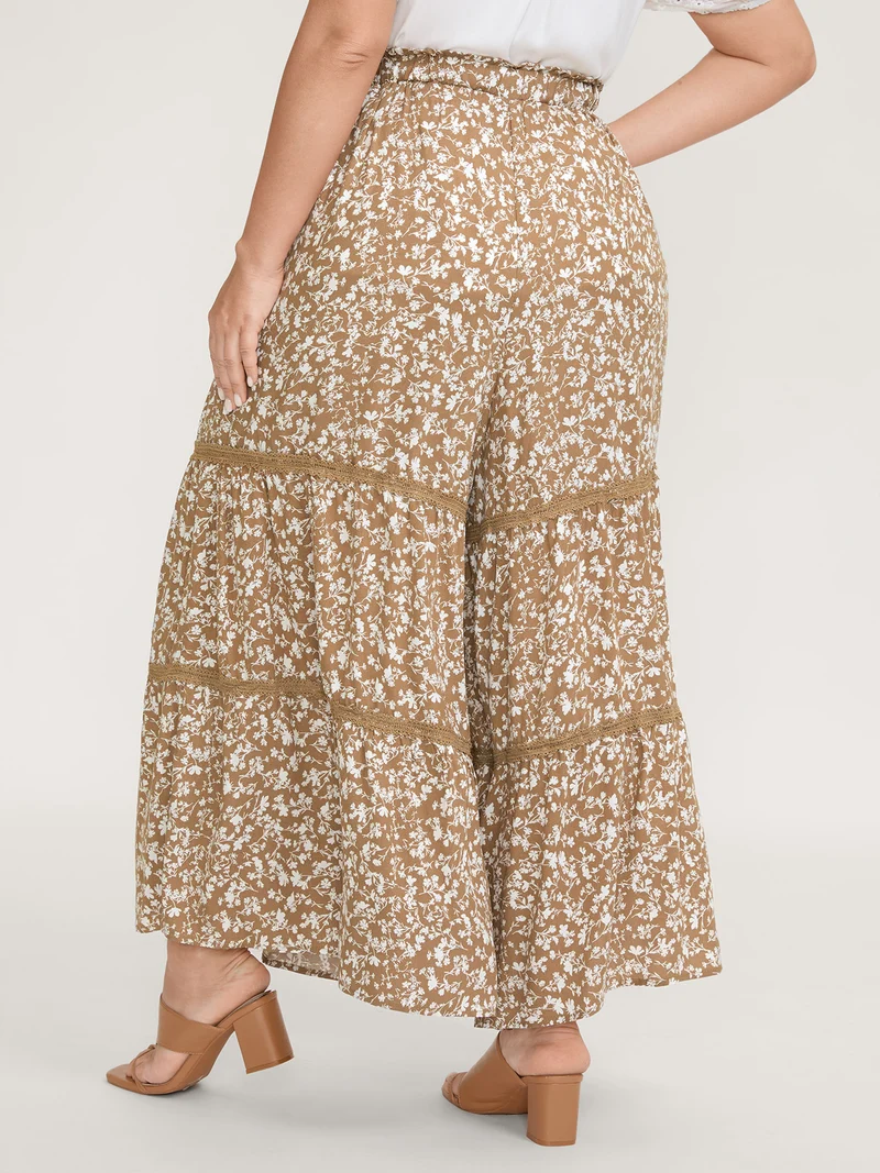 Floral Print Lace Trim Wide-Leg Pants