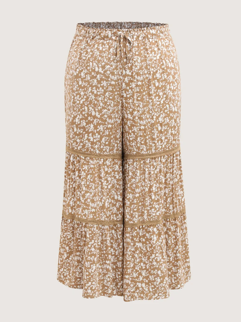 Floral Print Lace Trim Wide-Leg Pants