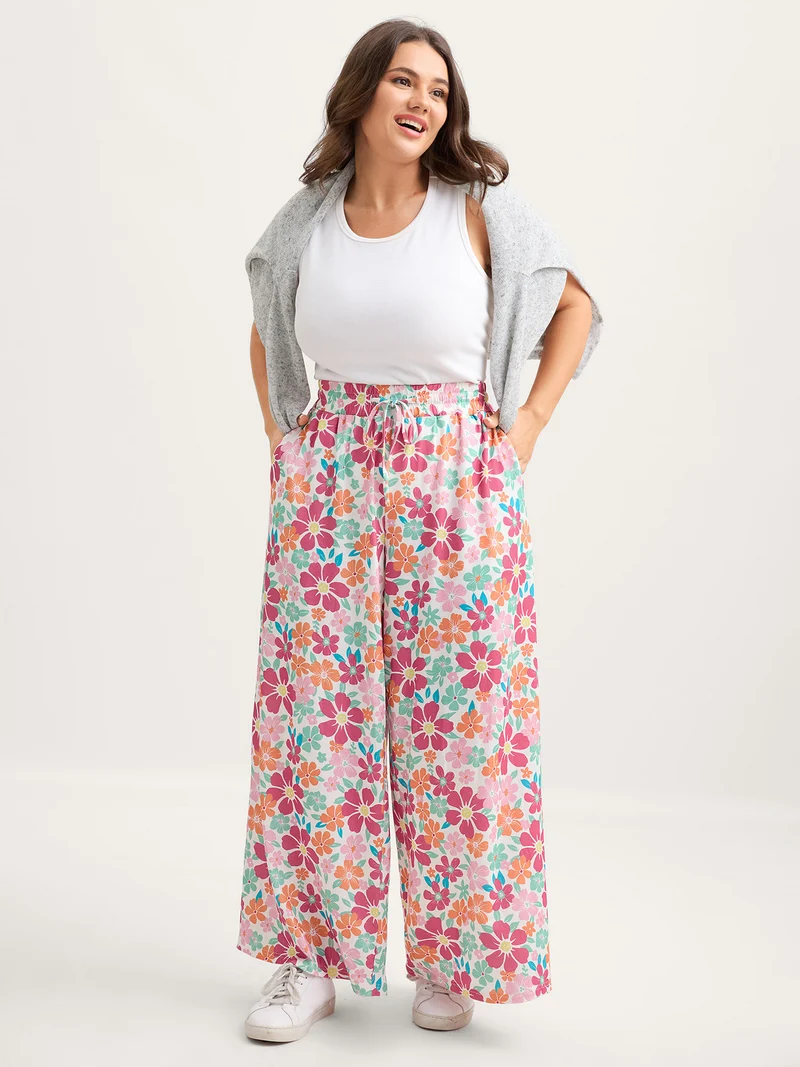 Floral Print Drawstring Waist Wide-Leg Pants