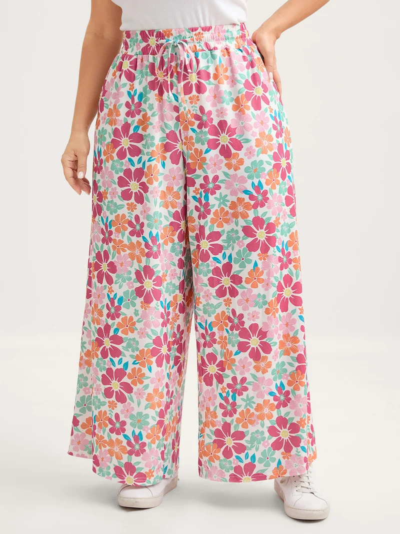 Floral Print Drawstring Waist Wide-Leg Pants