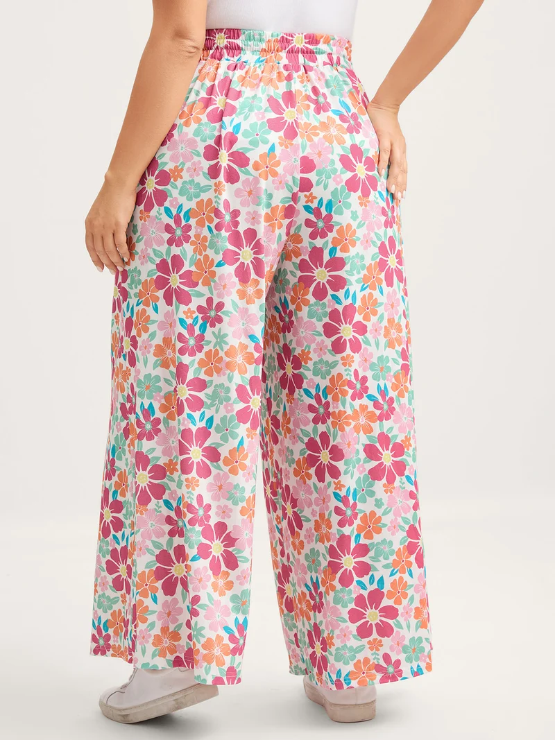 Floral Print Drawstring Waist Wide-Leg Pants