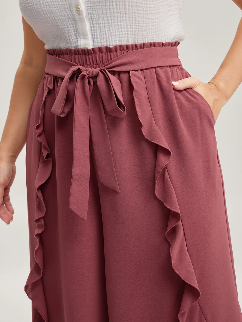 Ruffled Hem Waist-Tie Wide-Leg Pants