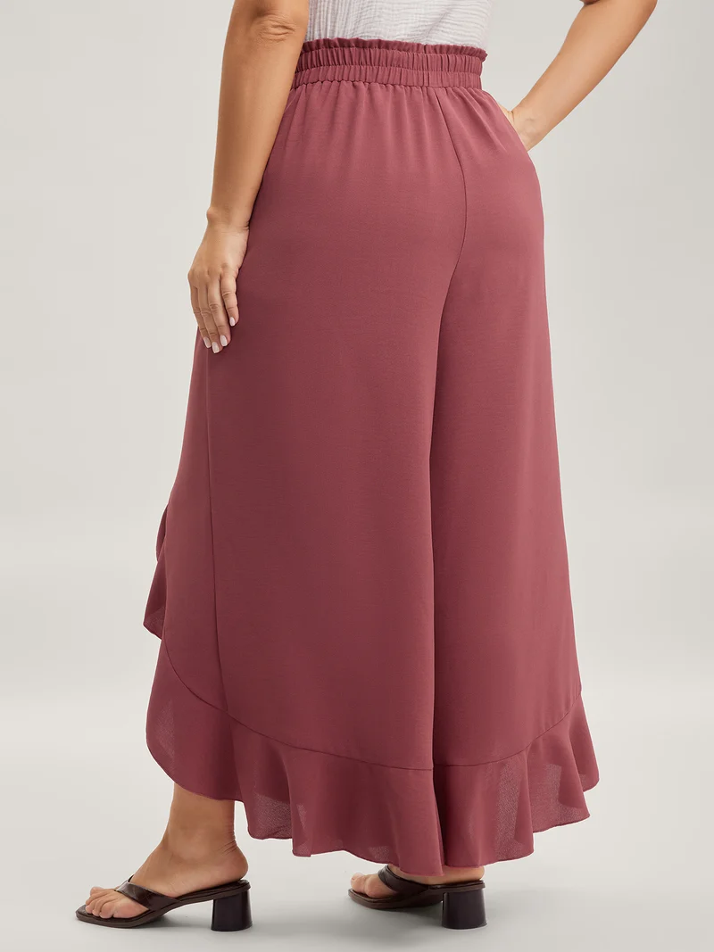 Ruffled Hem Waist-Tie Wide-Leg Pants