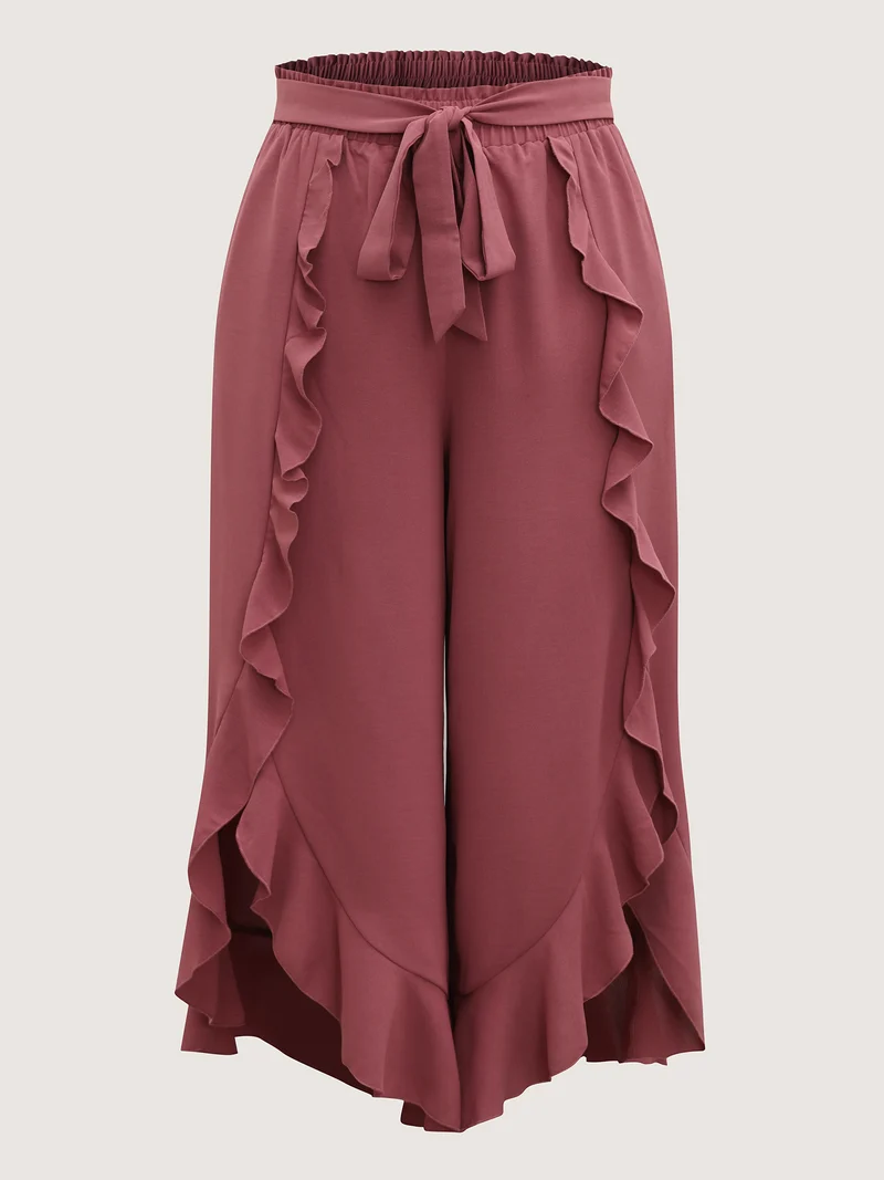 Ruffled Hem Waist-Tie Wide-Leg Pants