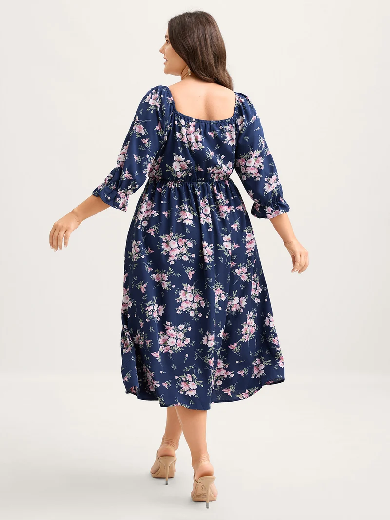 Floral Stretchy Waist Ruffled Midi Dress