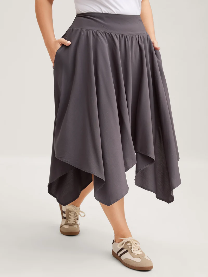 High-Low Hem Wide Waistband Midi Skirt