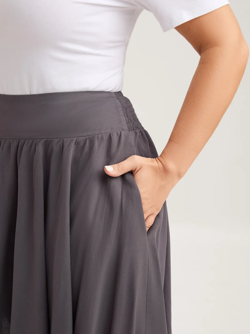 High-Low Hem Wide Waistband Midi Skirt