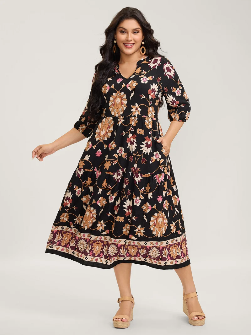 Midnight Floral Print Notched Collar Midi Dress