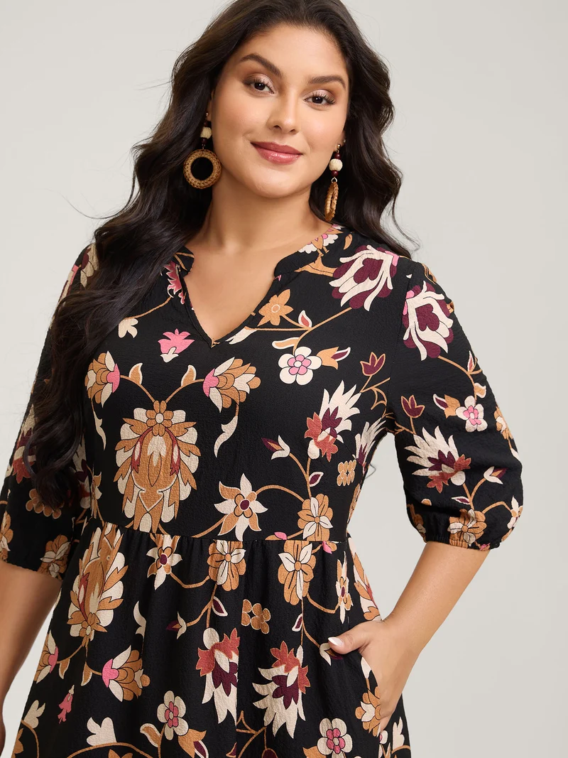 Midnight Floral Print Notched Collar Midi Dress