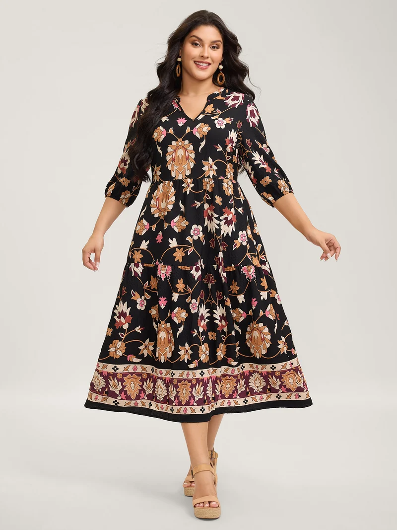 Midnight Floral Print Notched Collar Midi Dress
