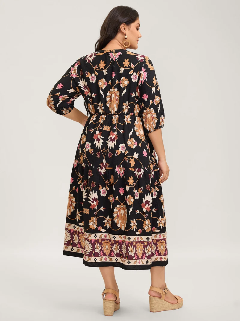 Midnight Floral Print Notched Collar Midi Dress
