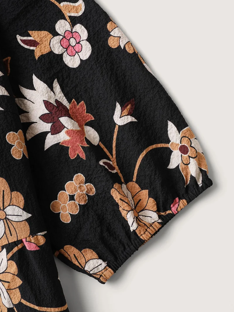 Midnight Floral Print Notched Collar Midi Dress