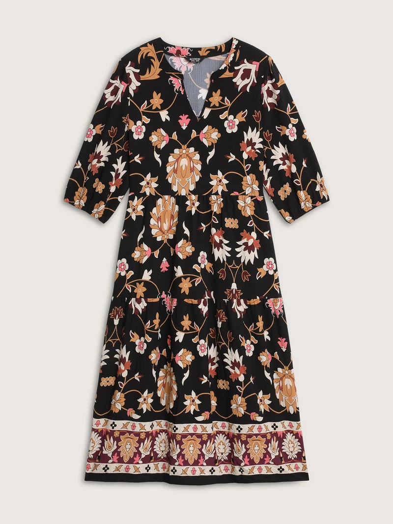 Midnight Floral Print Notched Collar Midi Dress